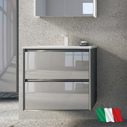 Baden Haus "Glass" 24" Two-Drawer Wall-Hung Bathroom Vanity Cabinet with Top/Sink, Anthracite