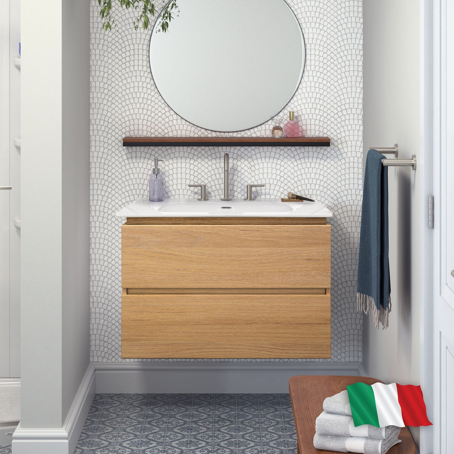 Baden Haus AVRIL 30" Bathroom Vanity with Sink and 2 Smooth Closing Drawers, Tobacco Oak Finish