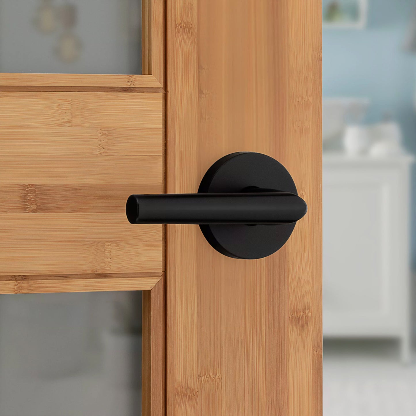 Kwikset Round Milan Lever Handle for Bedrooms and Bathrooms in Matte Black Finish