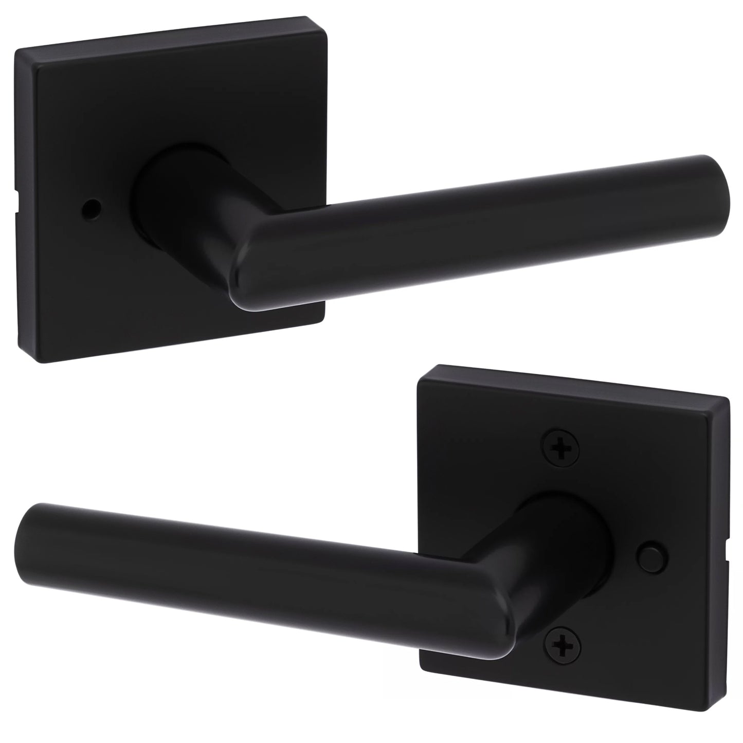 Kwikset Milan Push Button Locking Square Lever Handle for Bed/Bath Doors, Matte Black