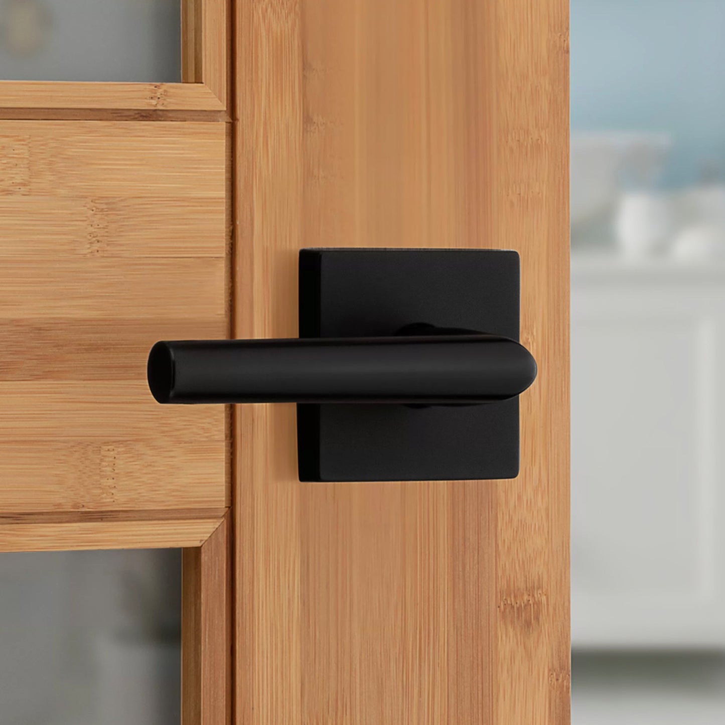 Kwikset Milan Push Button Locking Square Lever Handle for Bed/Bath Doors, Matte Black