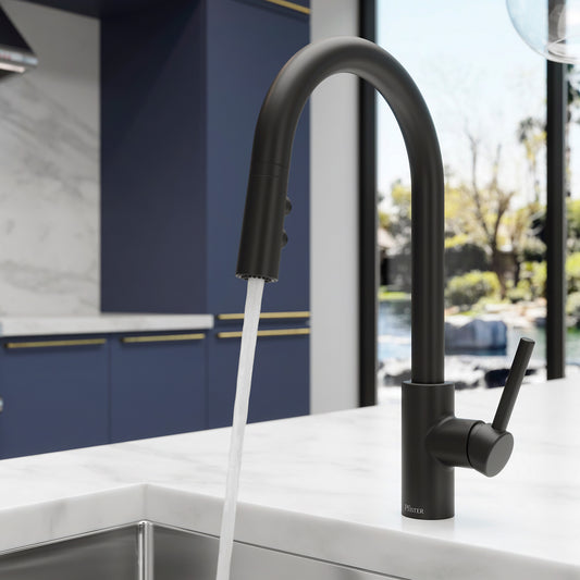 Pfister Stellen 1-Handle Pull-Down Kitchen Faucet in Matte Black Finish with Deck Plate