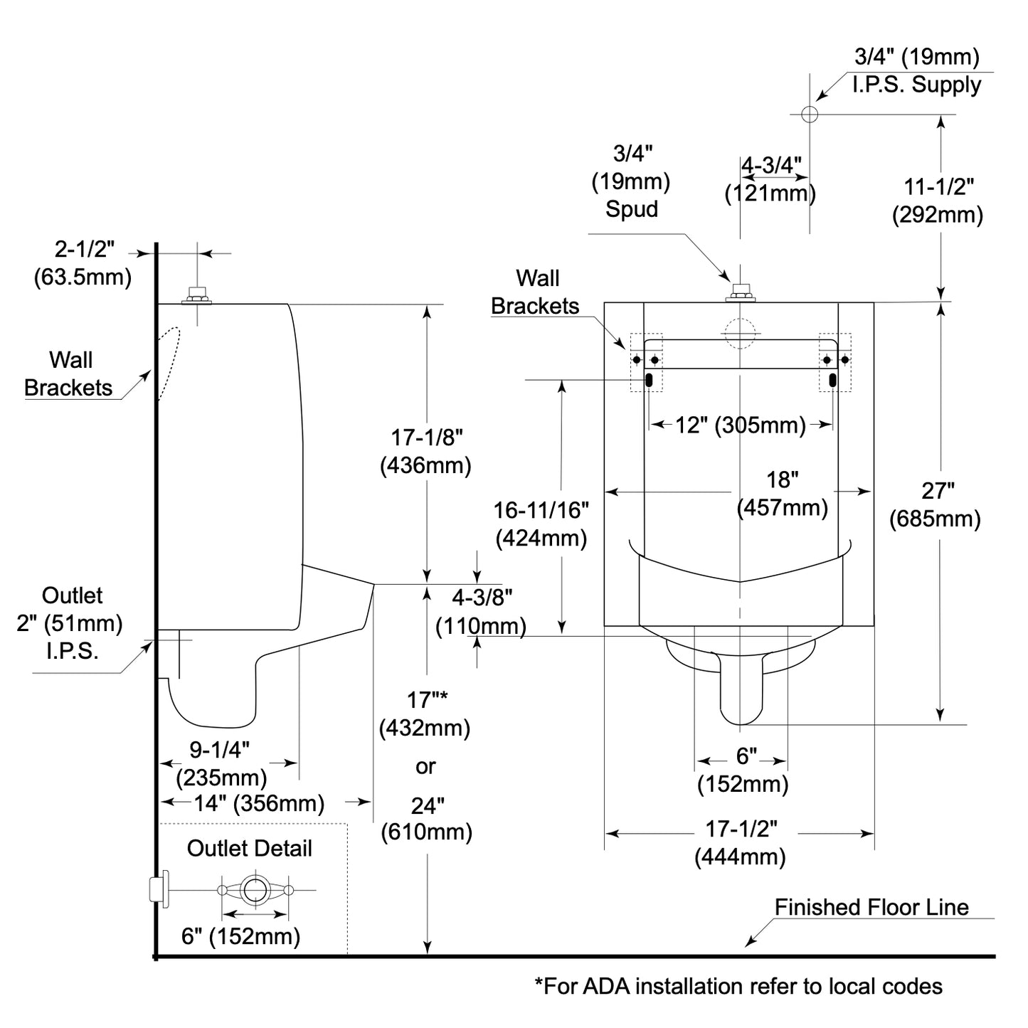 TOTO Commercial Top Spud Inlet Wall Mount High Efficiency Urinal, Less Flush Valve