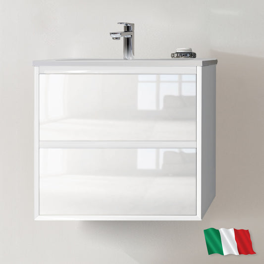 Baden Haus "Glass" 24" Two-Drawer Wall-Hung Bathroom Vanity Cabinet with Top/Sink, Gloss White