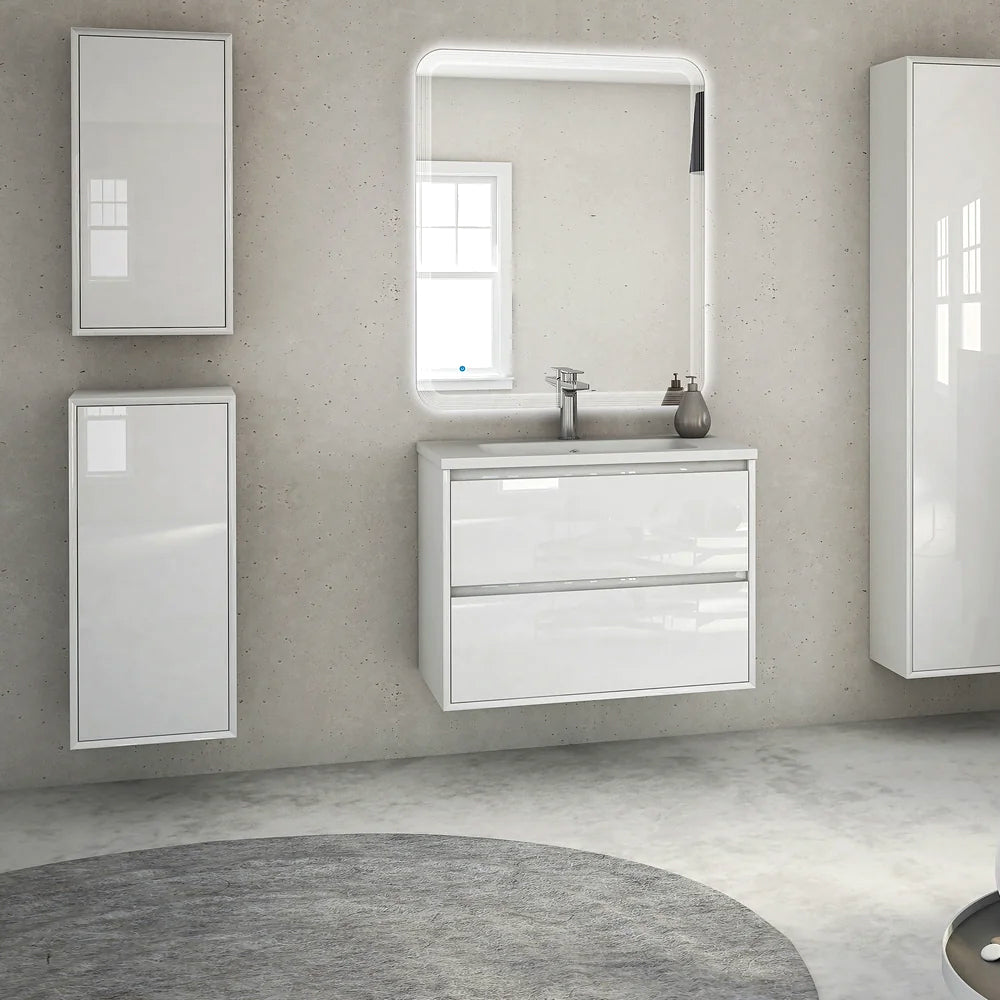 Baden Haus "Glass" 24" Two-Drawer Wall-Hung Bathroom Vanity Cabinet with Top/Sink, Gloss White