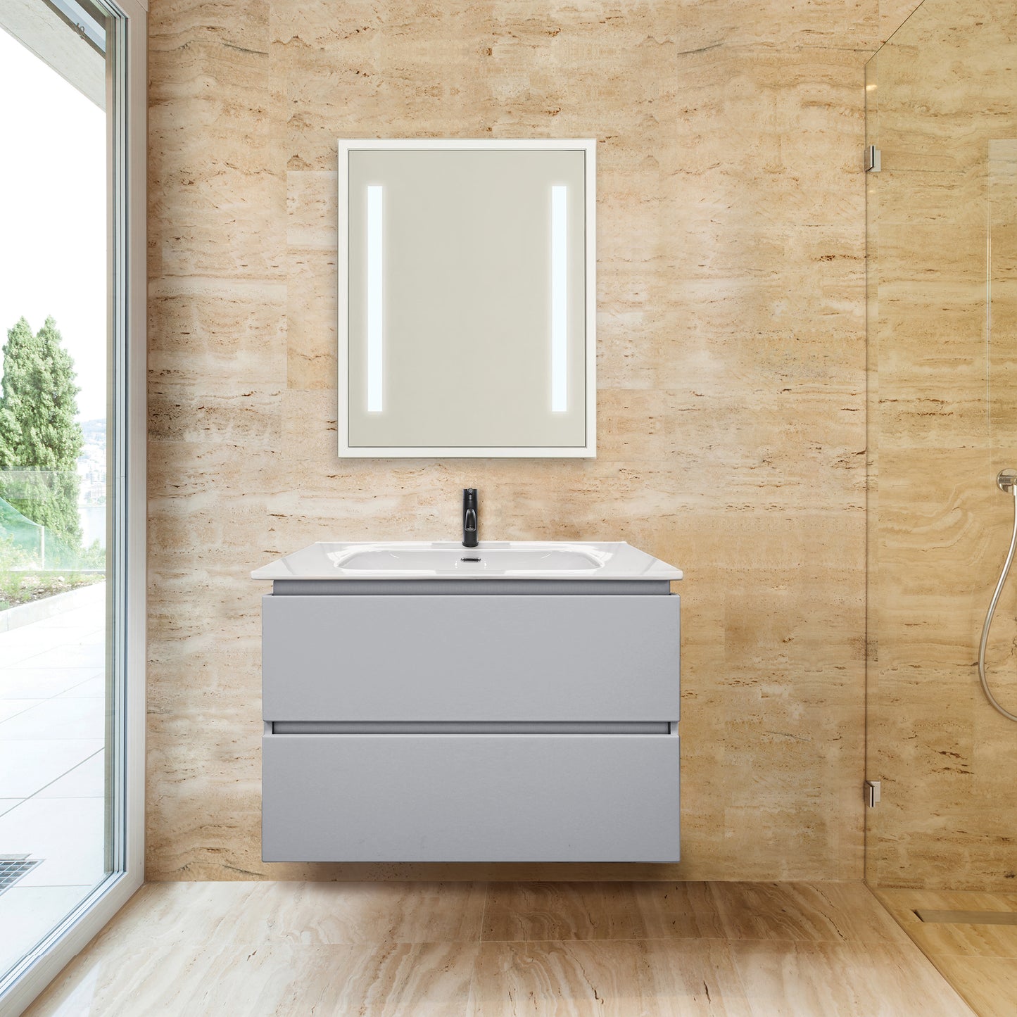 Baden Haus AVRIL Bathroom Vanity with Sink and 2 Smooth Closing Drawers, Matte Light Gray