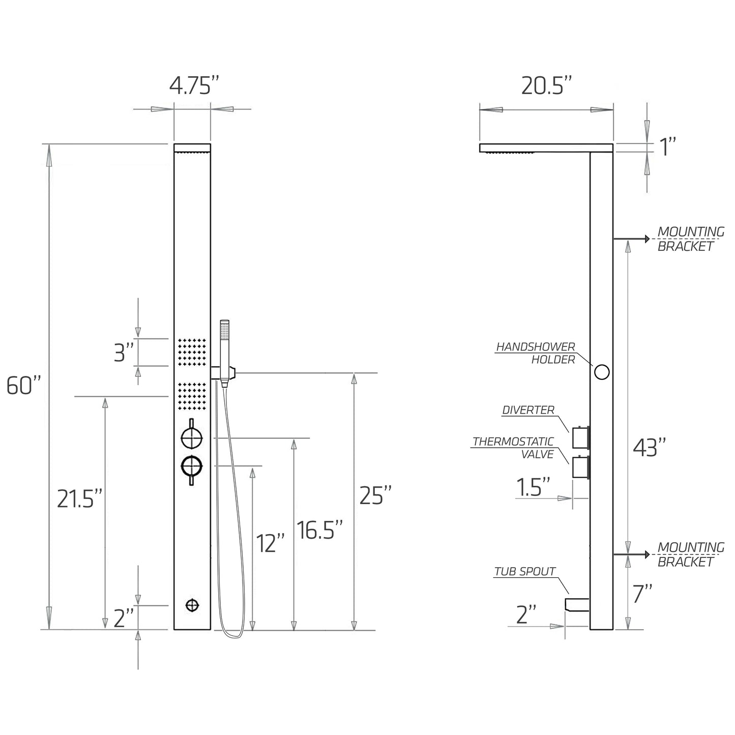 SASHA 60" Massage Jet Shower System with Handshower, Diverter, and Mixing Valve